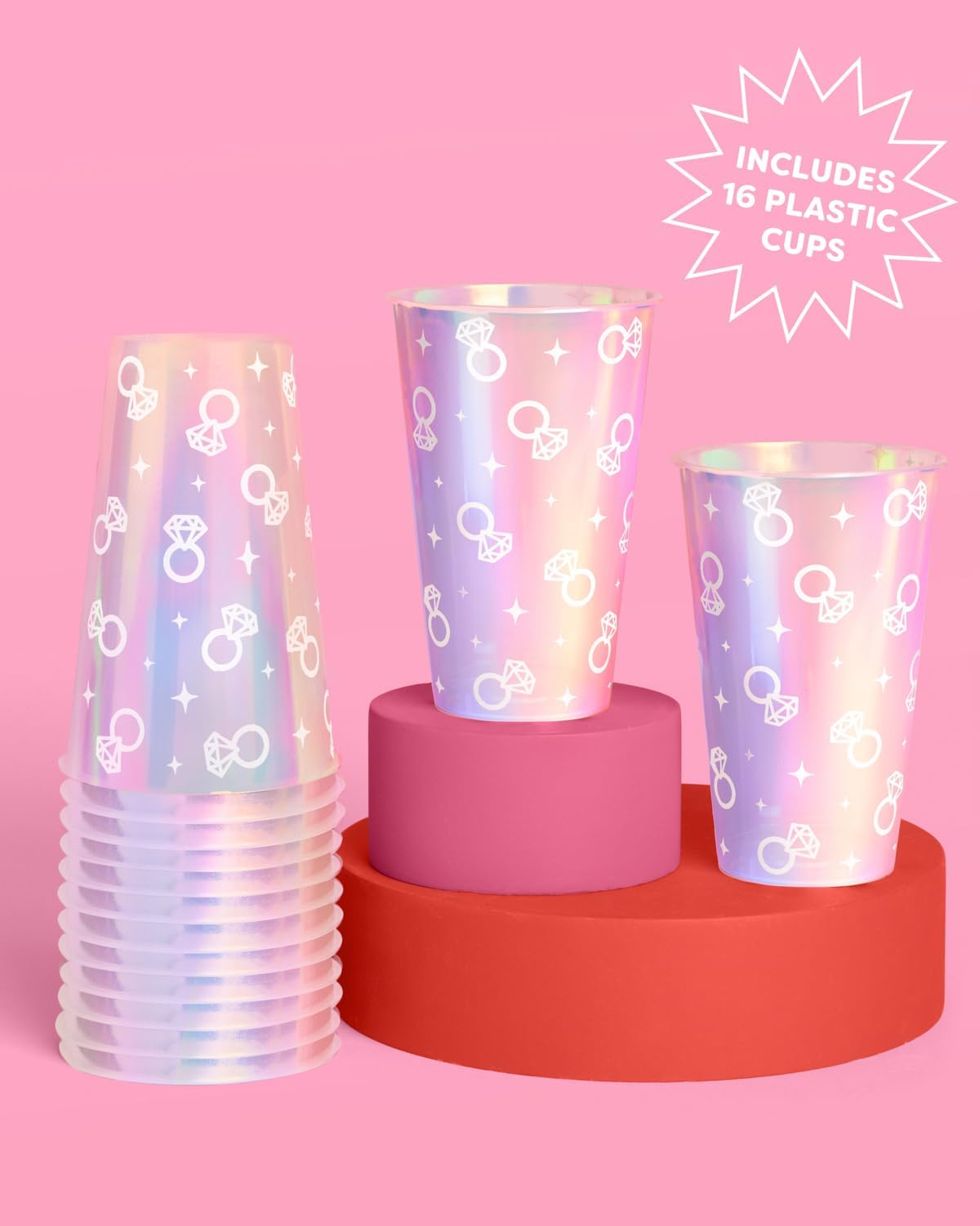 xo, Fetti Iridescent Engagement Ring Plastic Cups | 16 pcs 16 oz | Bachelorette Drinkware, Diamond Decor, Bling Ring Party Supplies, Proposal Tablescape