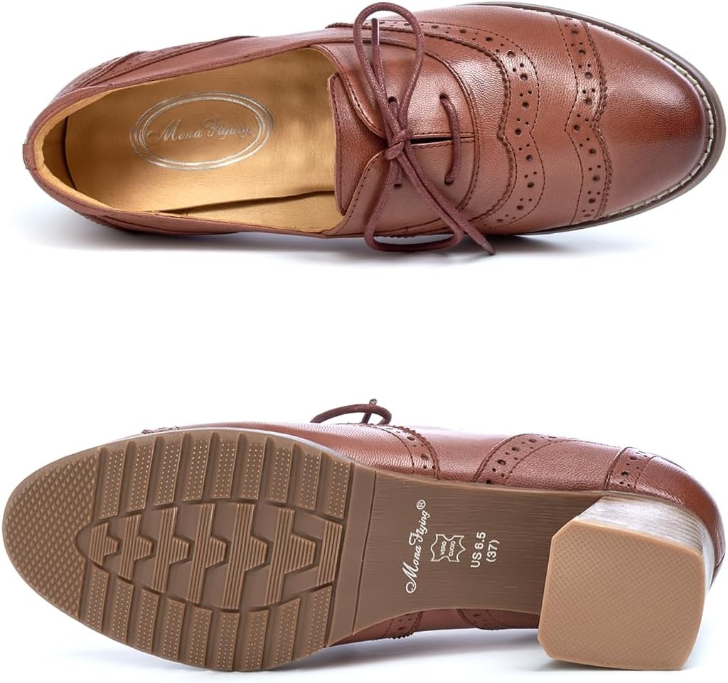 Mona flying Womens Leather 4 cm Mid Chunky Heel Wingtip Oxfords Brogue Lace up Dress Pumps Heel Office Work Shoes for Ladies - Image 5