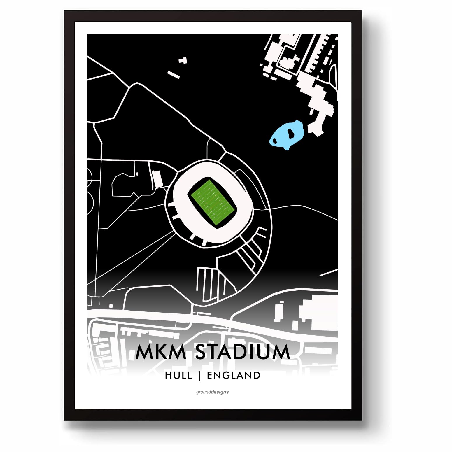 Grounddesigns Men's Black And White Hull Fc Rugby League Gift Mkm Stadium Art Map Unframed A3 Print Hfc
