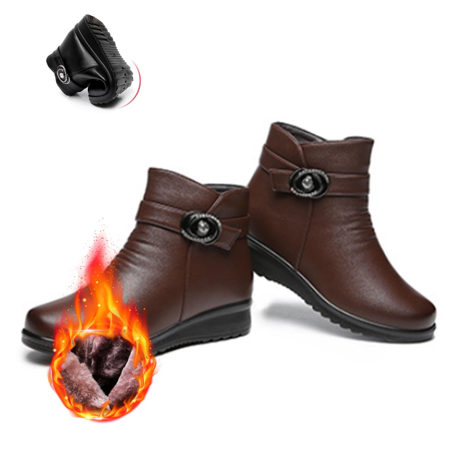 Orthopädische Stiefel für Damen, Metallschnalle, echtes Leder, Wolle, Winter, warm, rutschfest, Plüschfutter, seitlicher Reißverschluss, Stiefeletten