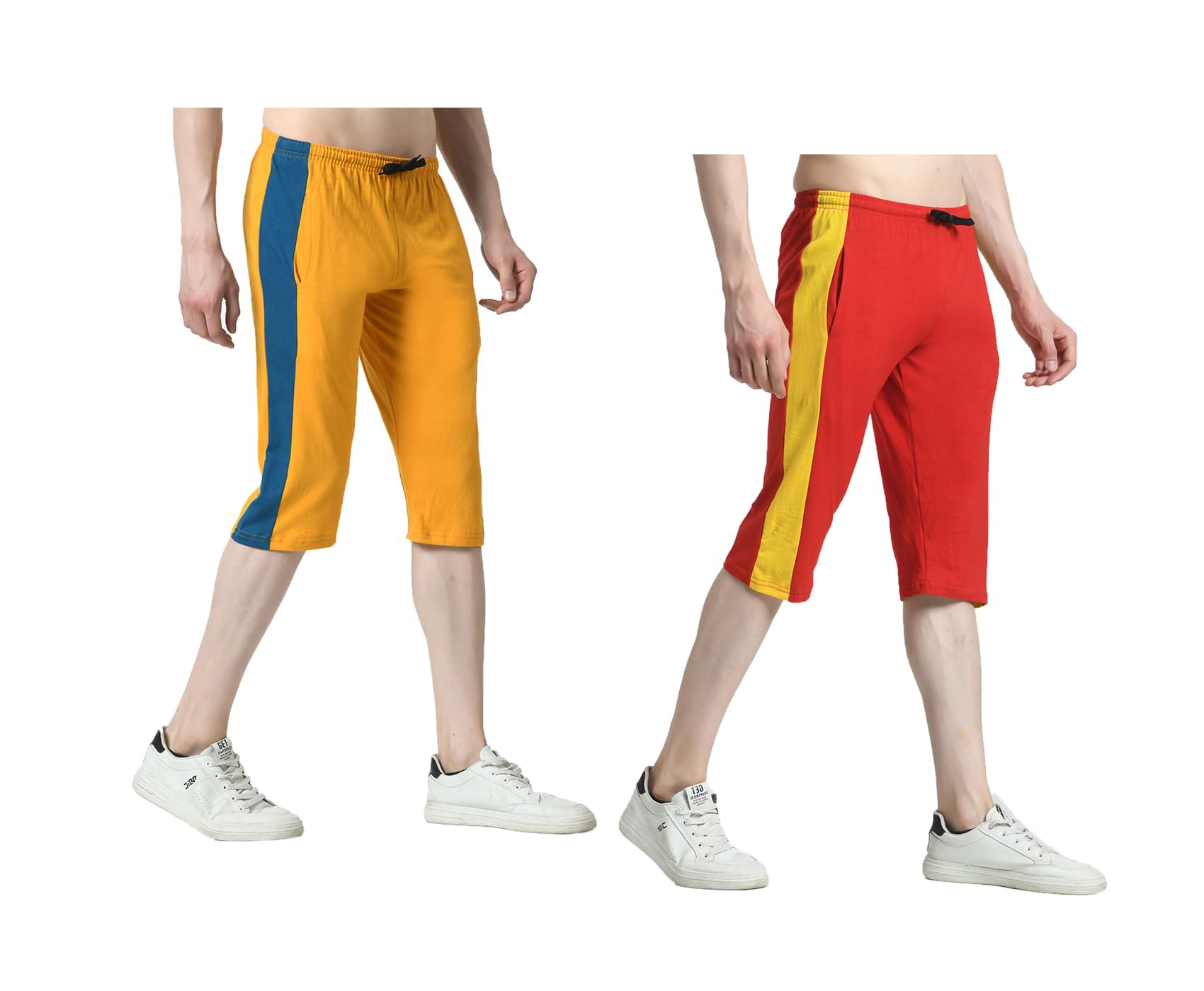 Pack of 2 Men’s Cotton Capri Pants with Side Stripe (Patta), Elastic Waist with Drawstring (Nada), Pockets, Comfortable Casual Knee Length Shorts Mustard, Red-image-5