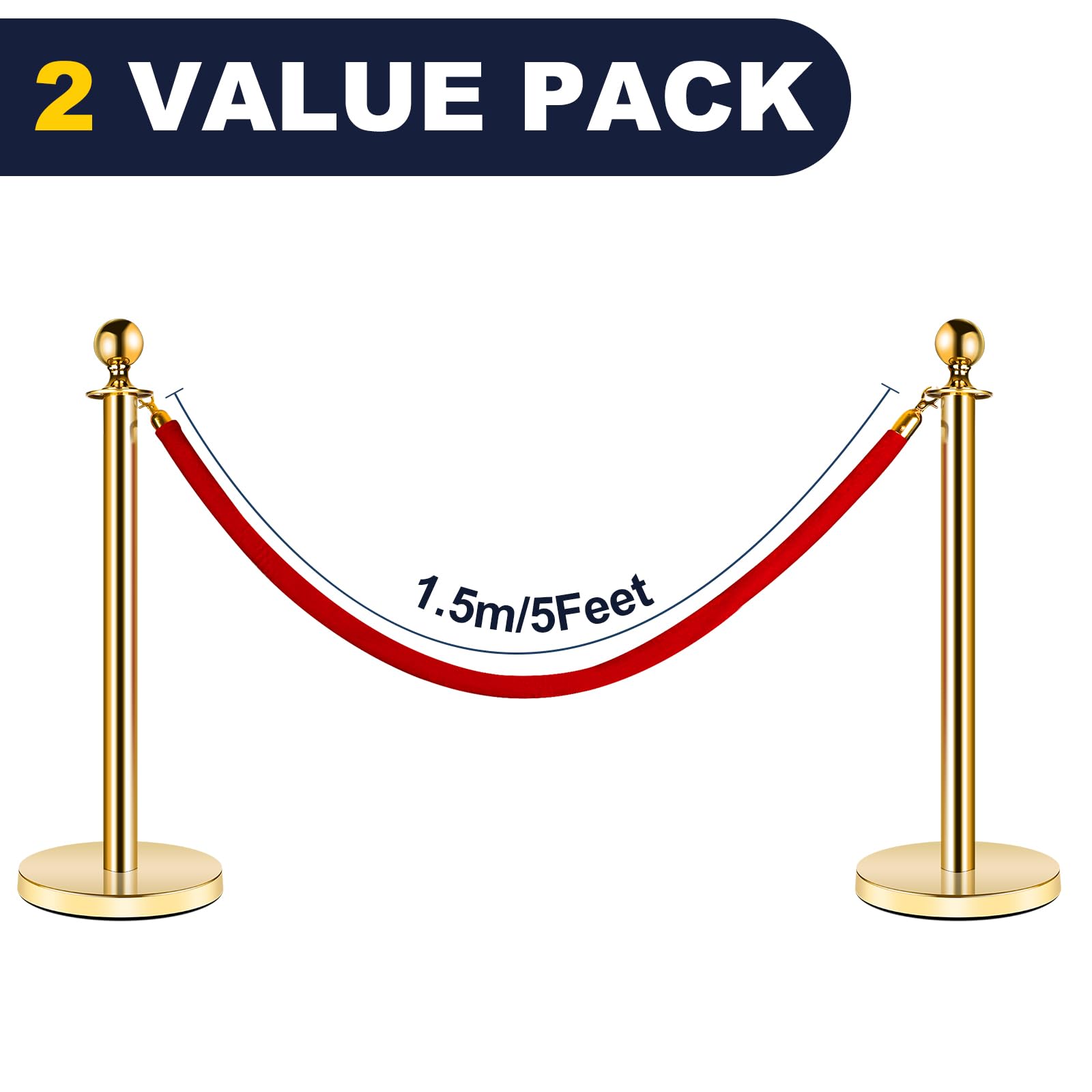 XPCARE 2 Pieces Red Velvet Stanchion Ropes with Gold Hooks, 5-Foot Crowd Control Barrier, Suitable for Banquets, Parties and Engagement Venues