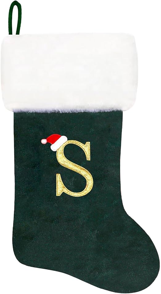 20 Inches Monogram Christmas Stockings Green Velvet with White Super Soft Plush Cuff Embroidered Xmas Stocking Classic Personalized Stocking Decoration for Family Holiday Season Decor(Letter S)