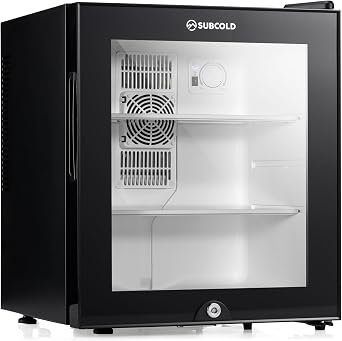 Subcold Aire30-G 30L LED Mini Fridge | Table Top Refrigerator | Quiet Frost Free Fridge for Bedrooms & Hotels | Lockable with Glass Door & Interior LED Light (Black) [Energy Class E]