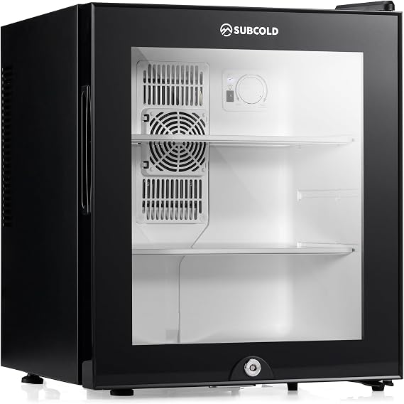 Subcold Aire30-G 30L LED Mini Fridge | Table Top Refrigerator | Quiet Frost Free Fridge for Bedrooms & Hotels | Lockable with Glass Door & Interior LED Light (Black) [Energy Class E]