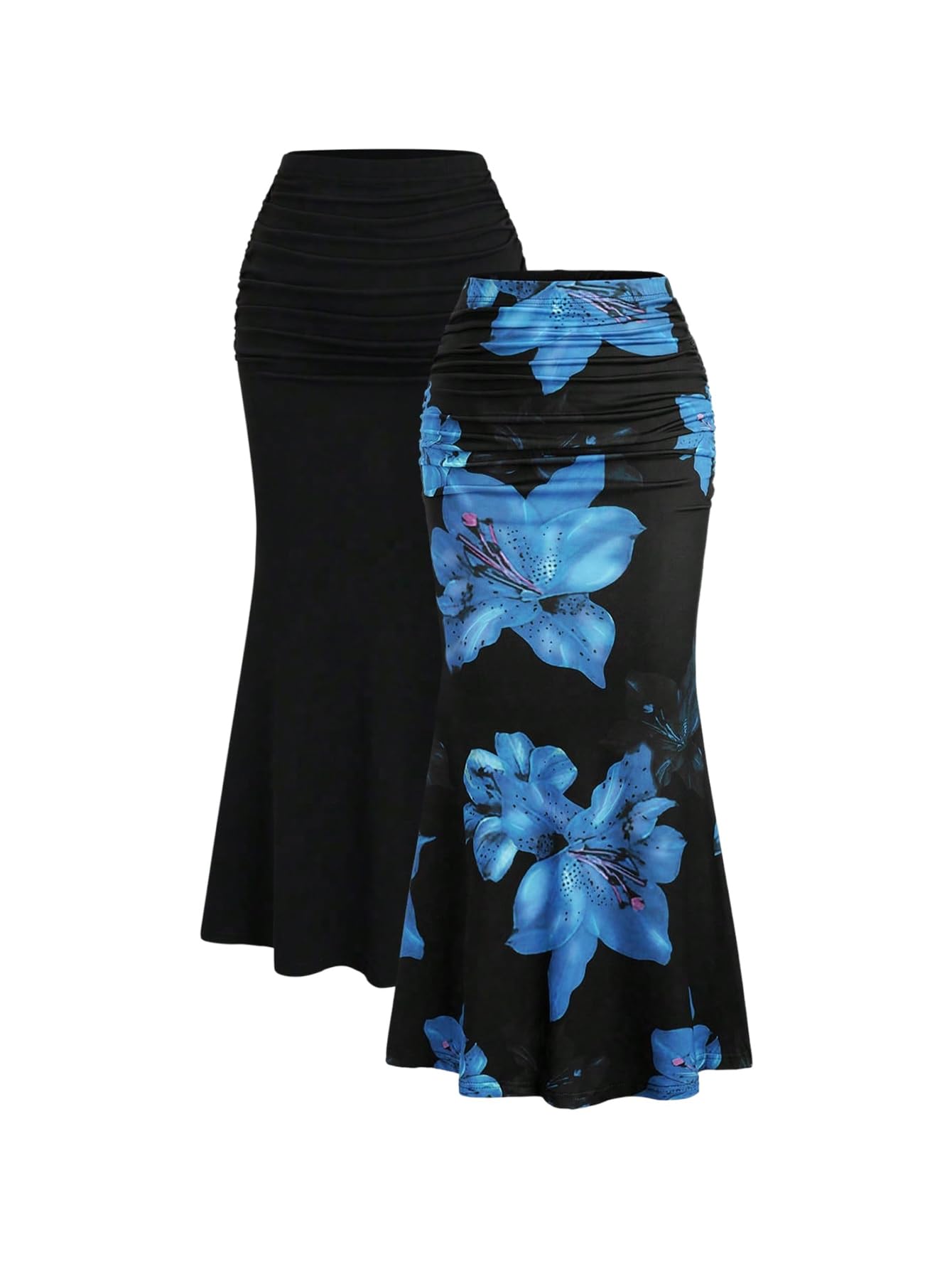 SweatyRocks Womens 2 Pack Fishtail Skirts Floral Print Ruched Ruffle Bodycon Long Skirt