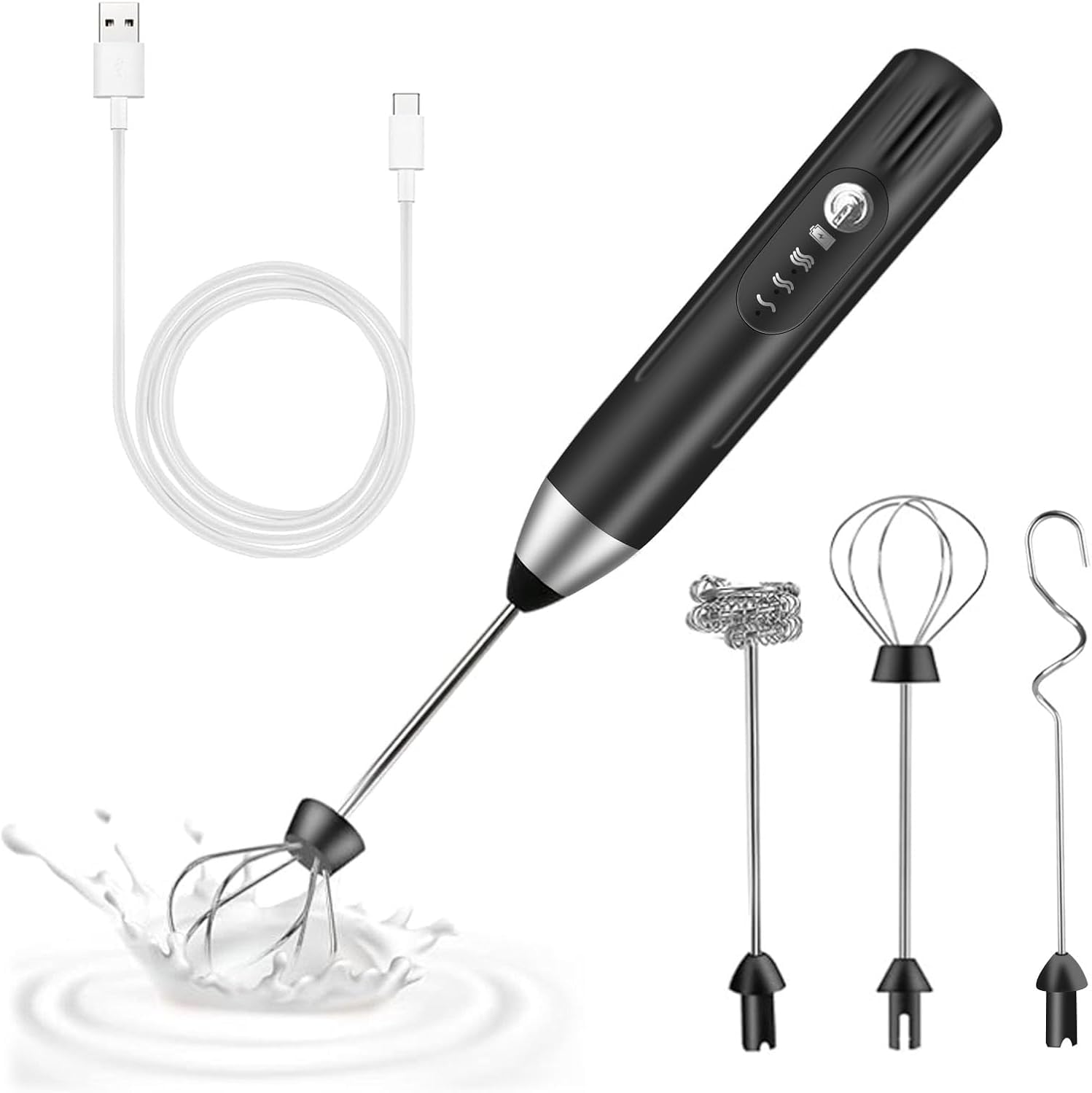 Electric Milk Frother with 3 Heads USB Rechargeable 3 Speed Adjustable Stainless Steel Mini Whisk for Matcha Latte Cappuccino