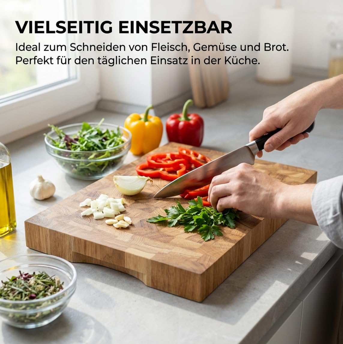 Eichen Schneidebrett 40x30x4 cm – Massives Stirnholz Schneidebrett aus Eiche mit Griffmulde – Extra Dickes Holz Schneidebrett für Fleisch, Gemüse & Brot – Profi Küchenbrett