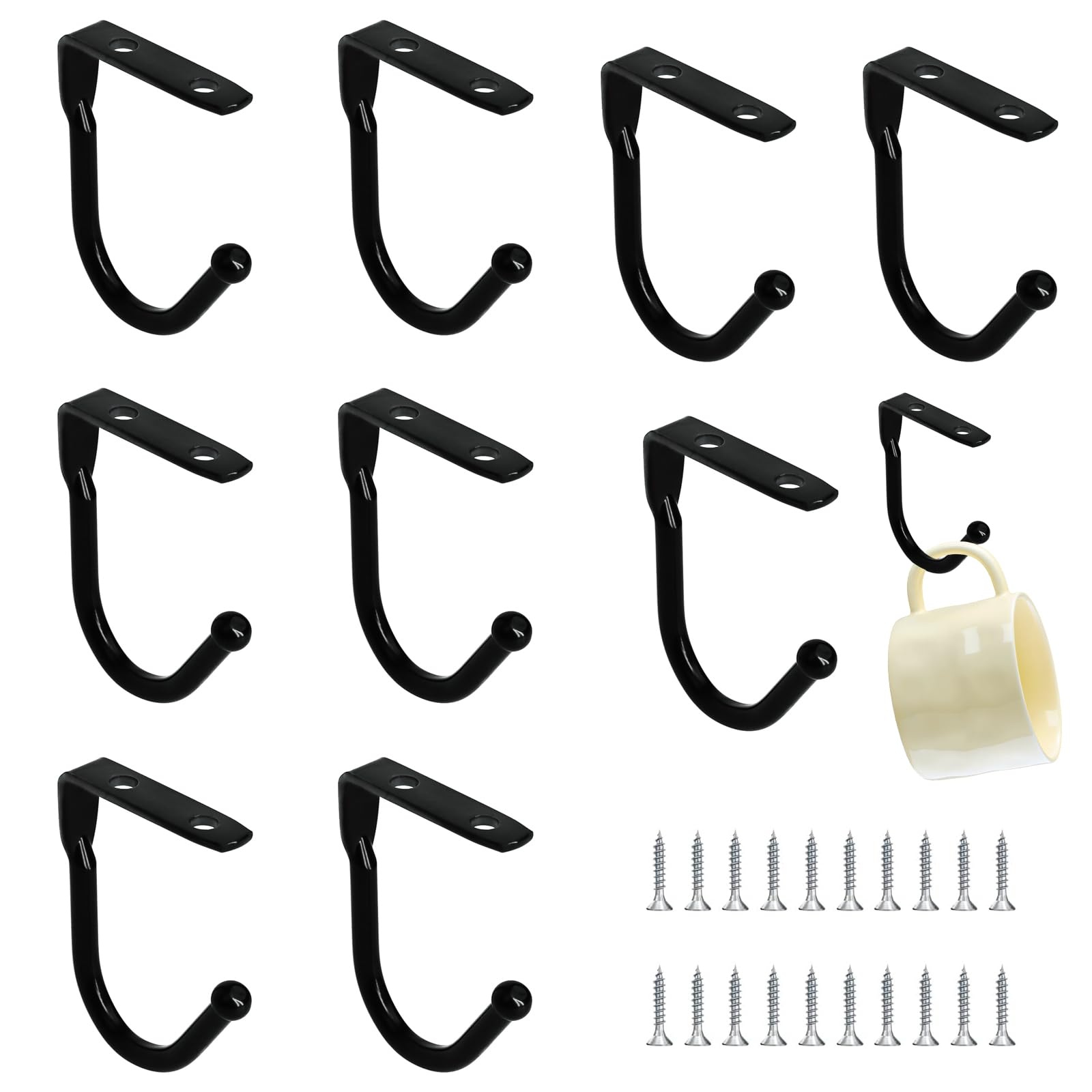 Vrexziy Cup Hooks, 10Pcs Black Wall Mounted Cup Holder, Mug Hooks Under Shelf Wrought Iron Mug Hook Equipped with 20 Screws for Storing Kitchen Utensils Frying Pans Coffee Cups