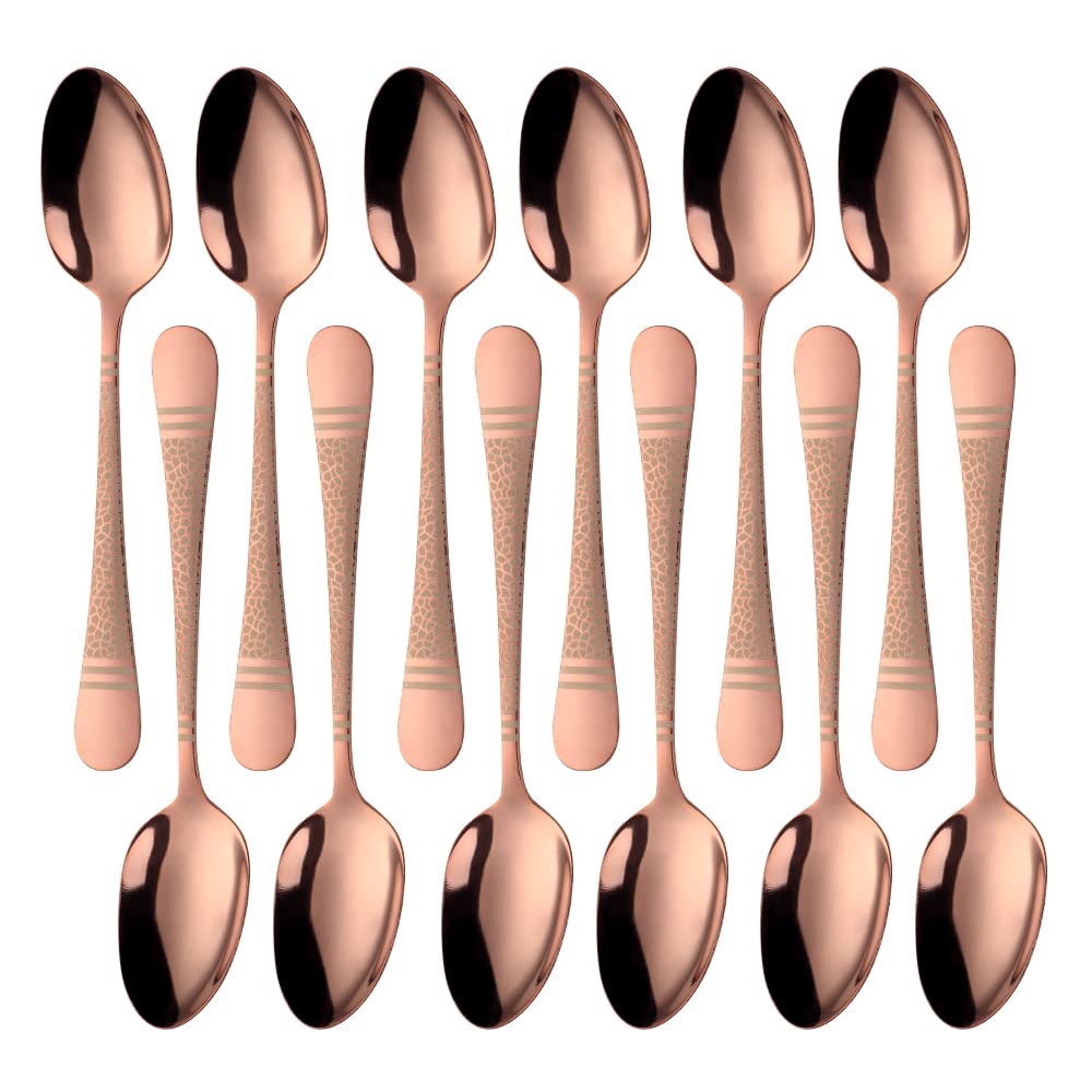 Qiborun Hammered 12-Piece Stainless Steel Dinner Spoons, Stainless Steel Titanium Dinner Spoons Set, Table Spoon Modern Dessert Spoons Mirror-Polished- 8 Inches, Rose Gold