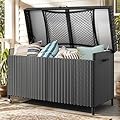 YITAHOME 200 Gallon Outdoor Storage Box w/Storage Net, Rattan XL Outdoor Deck Box, Patio Cushion Storage, Outside Storage Box for Patio Furniture, Garden Tools, Pool Sports Equipment (Black)