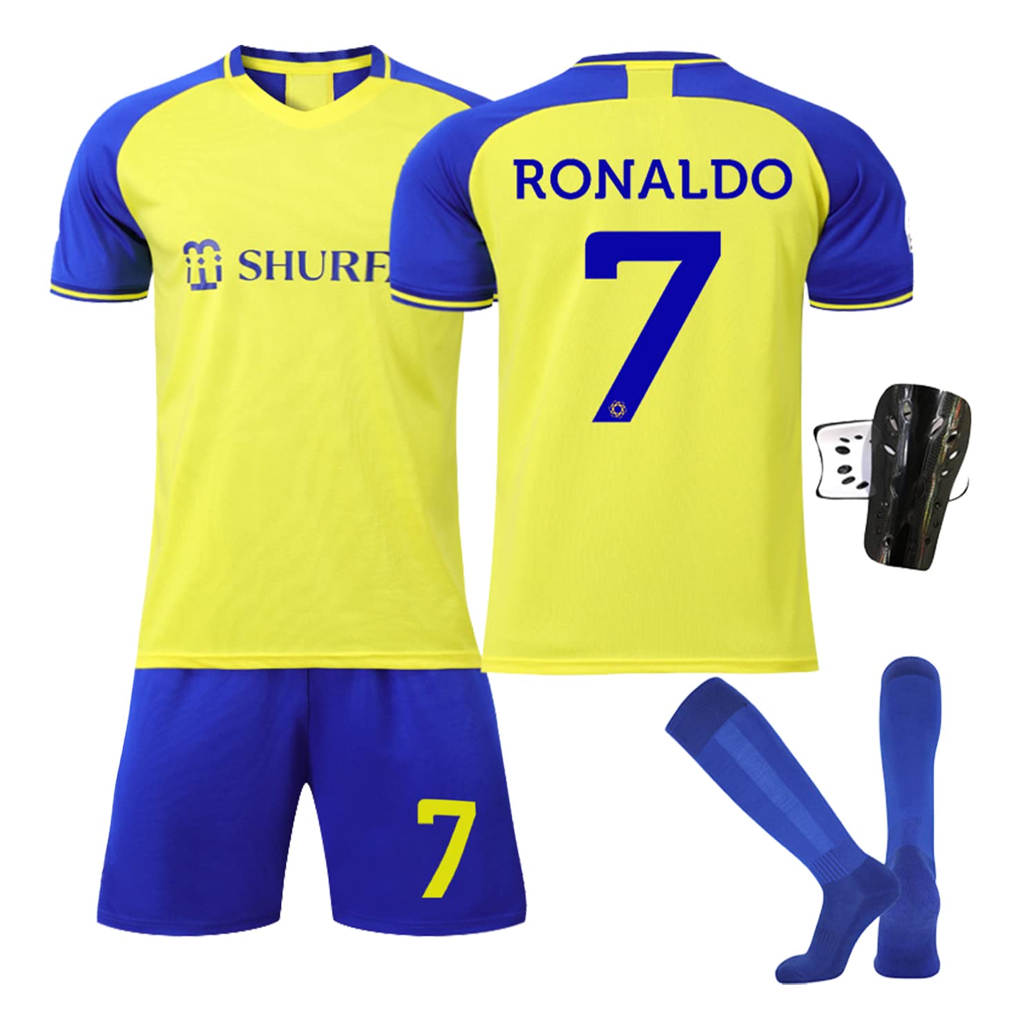 Ronronner Conjunto de fútbol de jersey para niños con camiseta, pantalones cortos y calcetines, camiseta amarilla de manga corta con el número 7, para adultos y niños