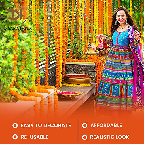 Image of DIYANA IMPEX Marigold Garland for Decoration 5 Pcs of 5 feet Long Strands Artificial Marigold Flowers, Indian Decor for Pooja, Wedding Christmas, Party Events Decorations (Mango + Orange)