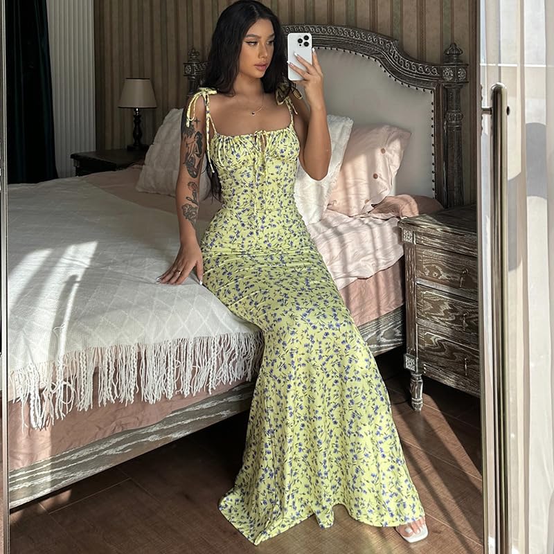 Image of Women Floral Printed Spaghetti Strap Maxi Dress Long Dress Backless Tie Shoulder Mermaid Dress