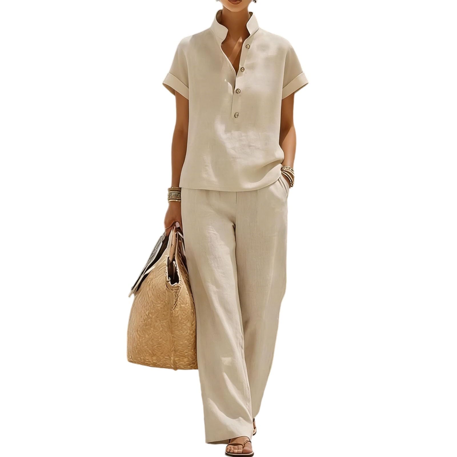 Conjunto Mujer Dos Piezas Casual Verano Elegante Lino Conjunto Deportivo Top Cuello V Y Pantalon Suave Y Cómodo Chandal Completo Manga Corta Ropa Deportiva Talla Grande Casa Trabajo Vacaciones Playa