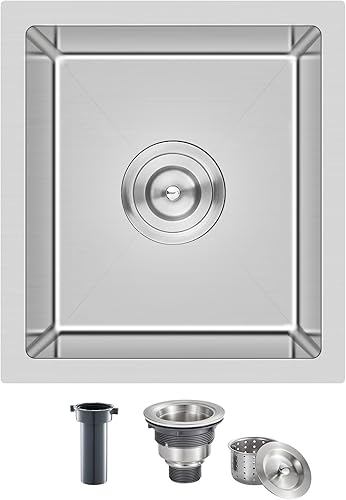 OUGOO Fregadero de barra de 15 x 13 pulgadas, con radio hermético de calibre 18, de acero inoxidable, empotrado, hecho a mano, fregadero de cocina