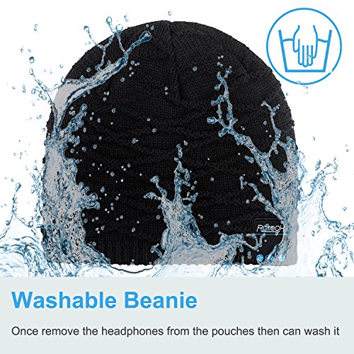 Rotibox Rechargeable Bluetooth Audio Beanie Hat Fashional Double Knit Skully Cap w/Wireless Stereo Headphone Headset Earpiece Speakerphone Mic for Sports Skating Hiking Camping - Black