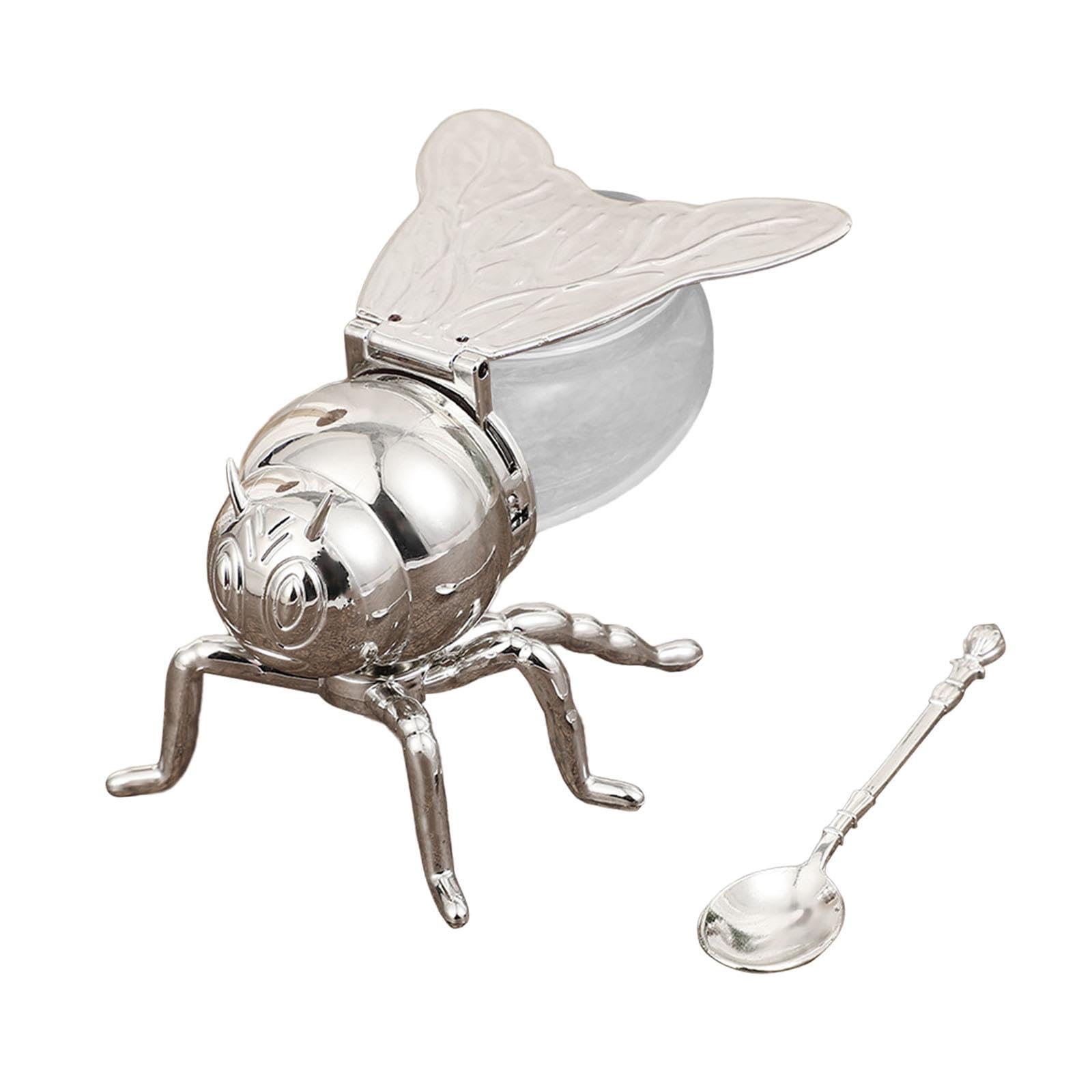 Tarro de Miel Azucarero de Vidrio Dispensador Y Bote para Condimentos con Diseño Elegante de Incluye Tapa Antipolvo Adecuado para El Hogar Y Fi, Cola de Abeja Plateada, Individual