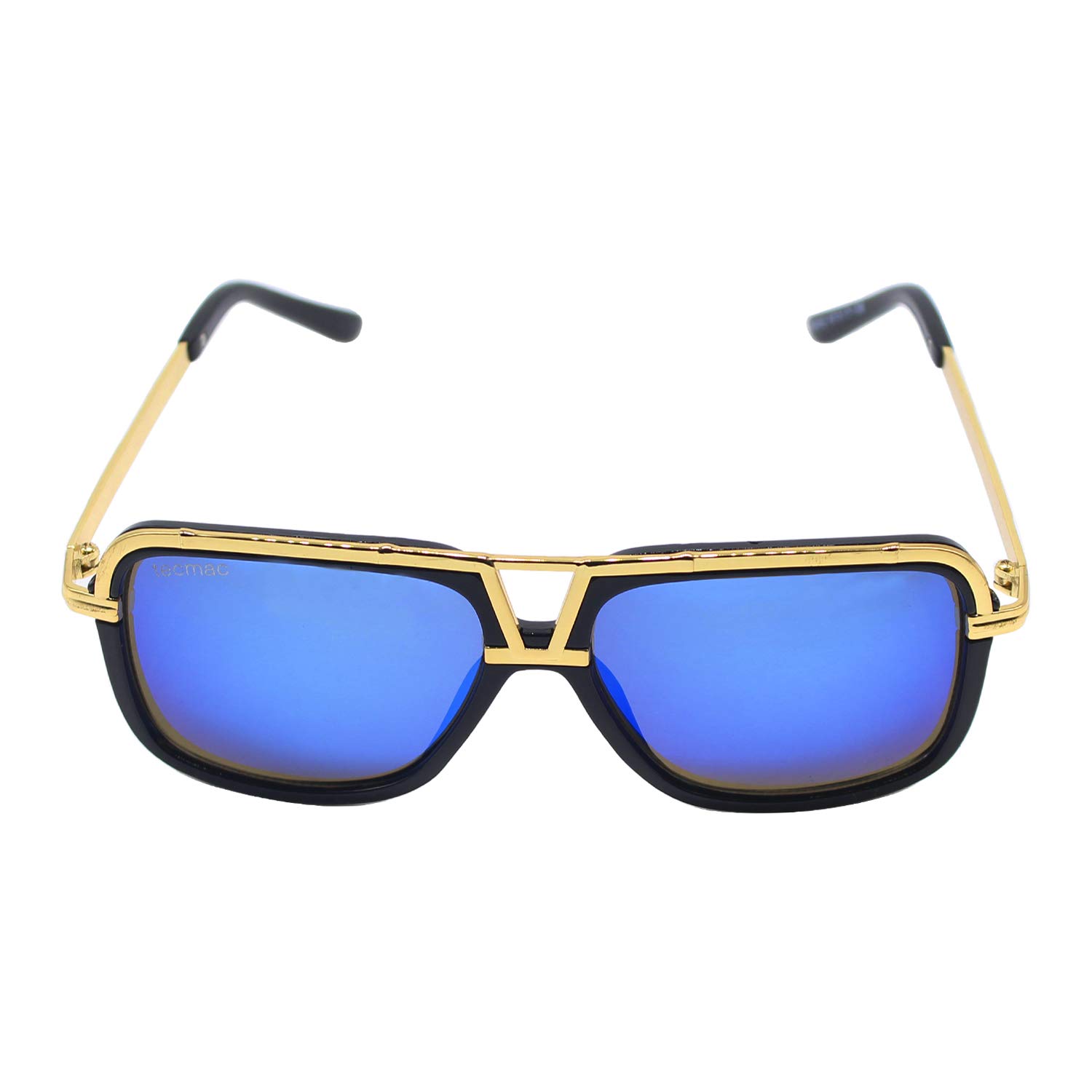 tecmac 18002 Square UV400 Protected Blue Mirror Lens Sunglass | Unisex | Gold-Black & Blue