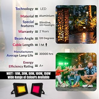 50W Red LED Slimline Floodlight, Waterproof Outdoor Light, IP65 Rated Focus Light for Medium Gardens & Commercial Effect Lighting, Energy-Efficient A+, 400W Equivalent with 120-Degree Beam Angle