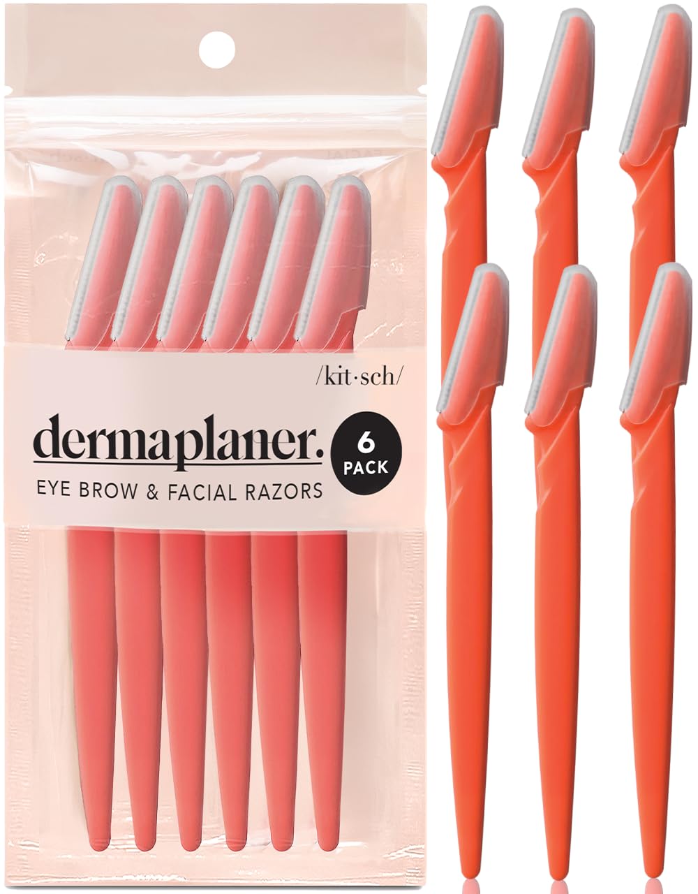 Kitsch Dermaplaning Tool - Face Razors for Women and Men, Eyebrow Trimmer and Face Shaver, Facial Hair Removal, Facial Razors for Women and Men, Dermaplane Razor - 6 pc Coral