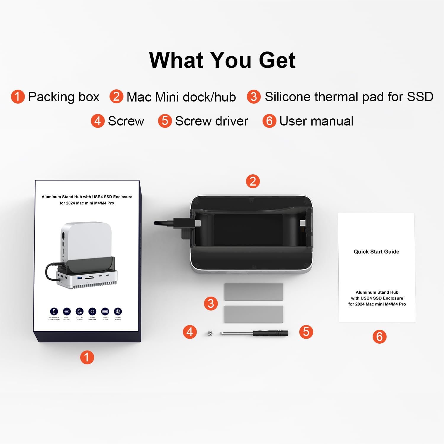 Qwiizlab 40Gbps Mac mini M4/M4 Pro Stojaczek Hub z obudową NVMe SSD, stacja dokująca z USB-C 10Gbps, USB-A 10Gbps, czytniki kart TF/SD 4.0 312MB/s, USB-A 2.0, pasuje do M.2 PCIe do 8TB