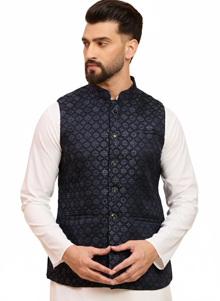 Men Prussian Blue jacquard nehru jacket (HOPMJ0310_XL)-image-11