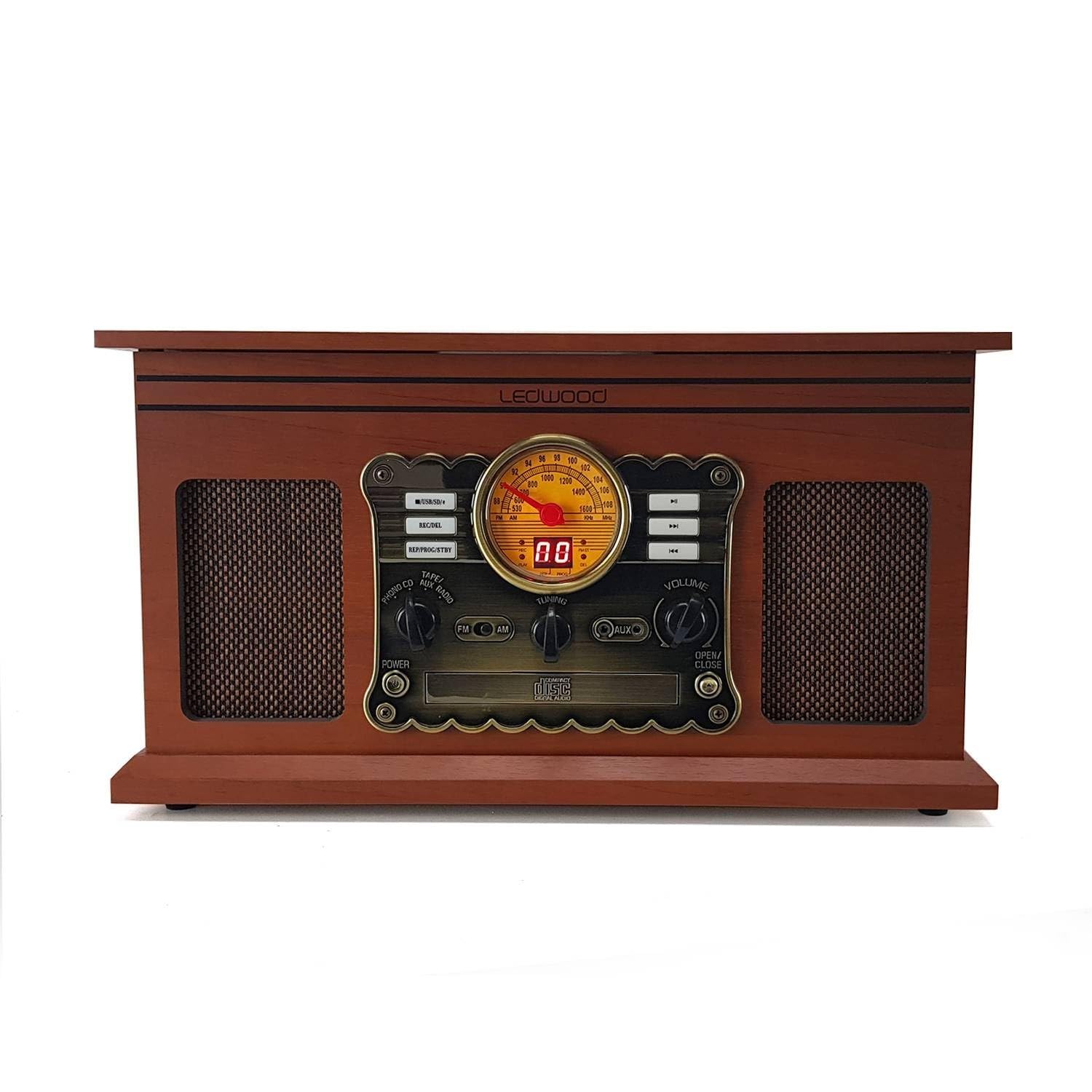 Chaine Stéréo Vintage Bois Ledwood - USB/BT/SD/FM/CD/Cassette/Vinyle 33-45 - 78 Tours
