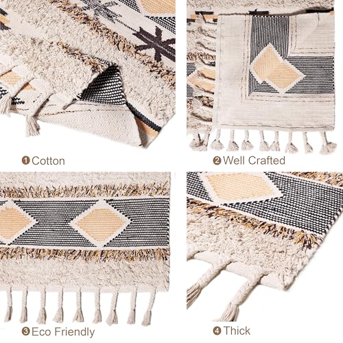 Image of Decazone Boho Washable Rug 4' x 6', Multicolor Cotton Farmhouse Living Room Rugs, Hand Woven Tribal Bohemian Bedroom Rug, Geometric Tufted Floor Carpet for Nursery Entryway Kitchen Patio