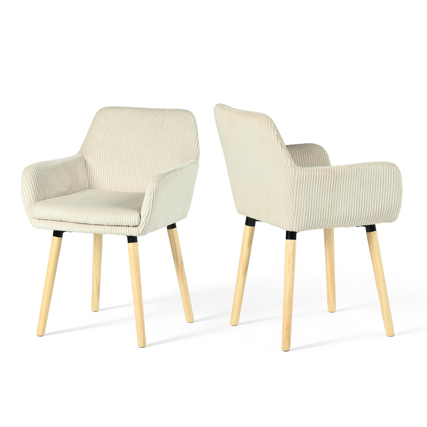 MEUBLE Cosy Sillas de Comedor Escandinavo Juego de 2, Sillas Cocina con Reposabrazos, Asiento Acolchado en Tela de Pana, Patas de Madera, Beige