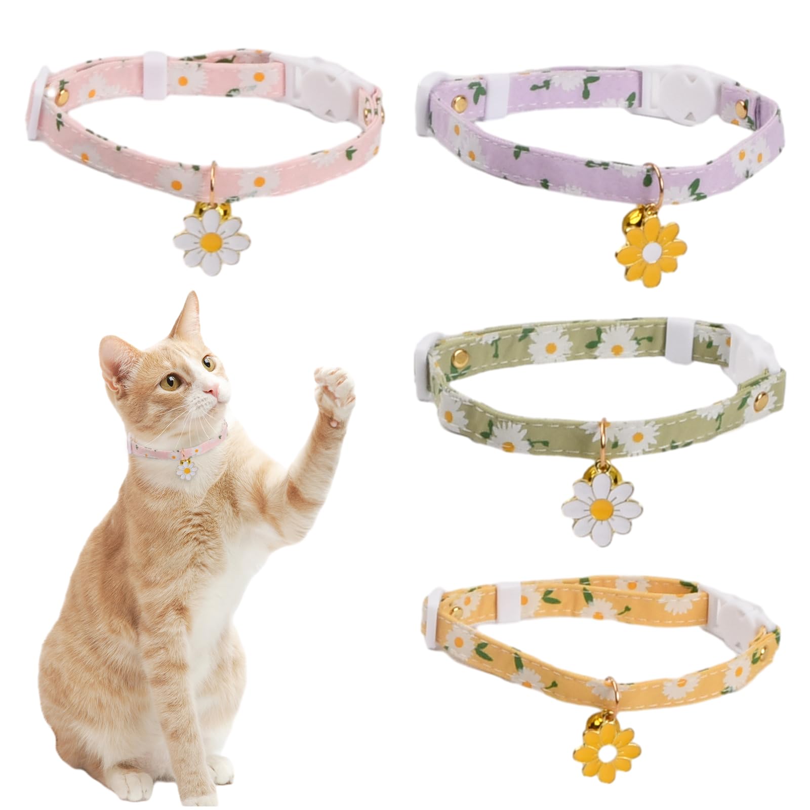 4 Pack Cat Collar with Bell, Adjustable Kitten Collar Cute Daisy Style Cat Collar with Quick Release Buckle, Breakaway Kitten Collar, 18-30cm