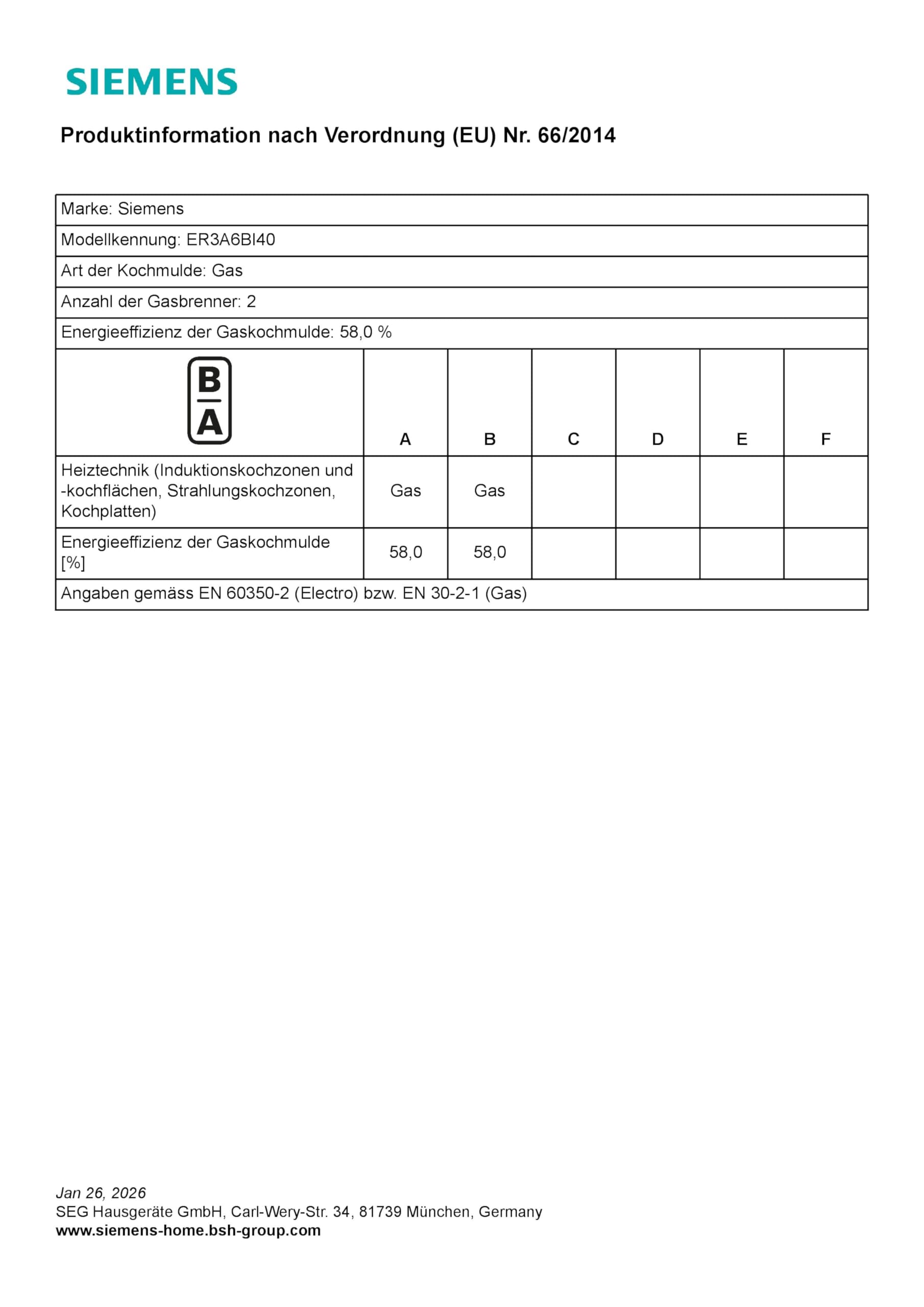 Siemens ER3A6BI40 iQ700 Domino-Kochfeld, Gas, 30 cm, 2 Heizelemente, präzise Flammensteuerung, abnehmbare Metallknebel, Glaskeramik-Oberfläche, spülmaschinengeeignete Topfträger, Schwarz