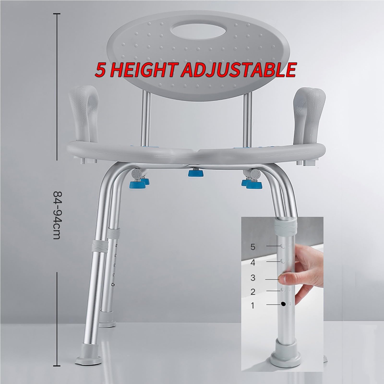 Silla para Ducha Antideslizante, Silla De Ducha para Minusválidos, Taburete De Ducha De Aluminio Regulable En Altura con Respaldo Y Reposabrazos, Asiento De Ducha para Ancianos, 150 Kg