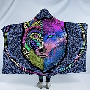 Sleepwish Tatto Wolf Hooded Blanket Boys Mens Purple Blue Sherpa Fleece Wearable Throws Mandala Hoodie Blankets Thick Warm and Soft (Adults 80″x 60″)