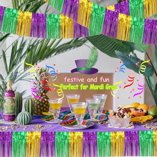 Image of 4 Packs Total 39 Ft Mardi Gras Parade Floats for Trailer Car, Green Gold Purple Foil Fringe Garland Tinsel Streamers Banner Table Skirts for Halloween Graduation Homecoming Birthday Party Decor