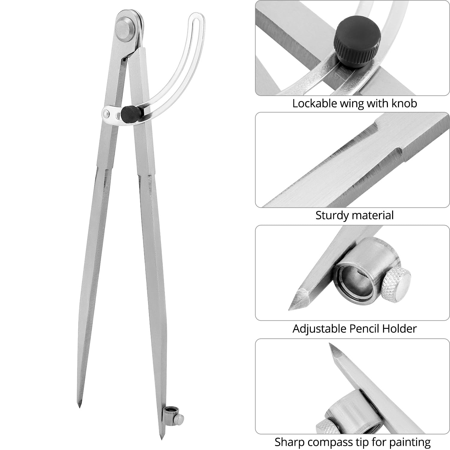 Compás ajustable 300 mm, brújula de marcado con ala de bloqueo, portalápices, para carpintería y metalurgia