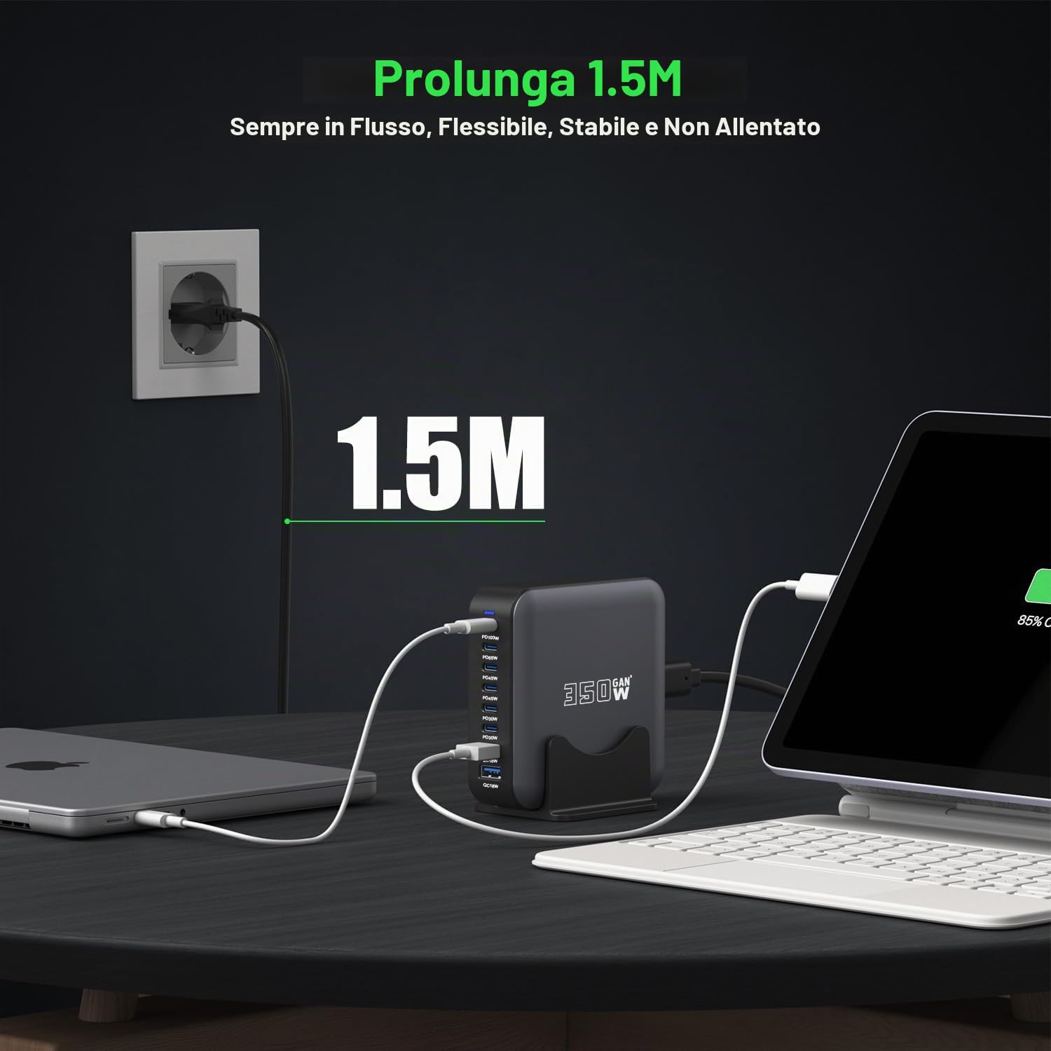 350W Caricatore USB C Multiplo, Stazione di Ricarica USB-C a 8 porte GaN, Caricatore Rapido 100W, Hub di Alimentazione, compatibile con iPhone/Samsung/Google/Laptop/MacBook Pro/MacBook Air.
