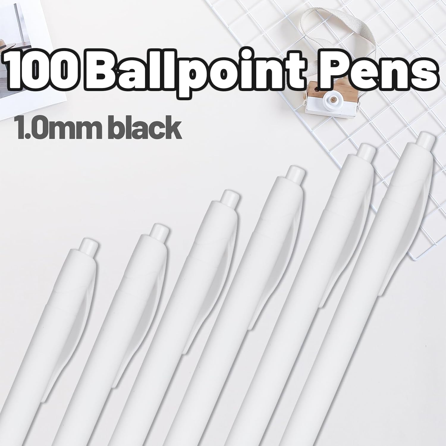 BallPoint Pens, 100 Pack (BLACK Ink),Bulk Pens, White Barrel,Click Pens for Office Home and School, Retractable Ballpoint Pens, Medium Point, 1.00MM (White) - Image 2