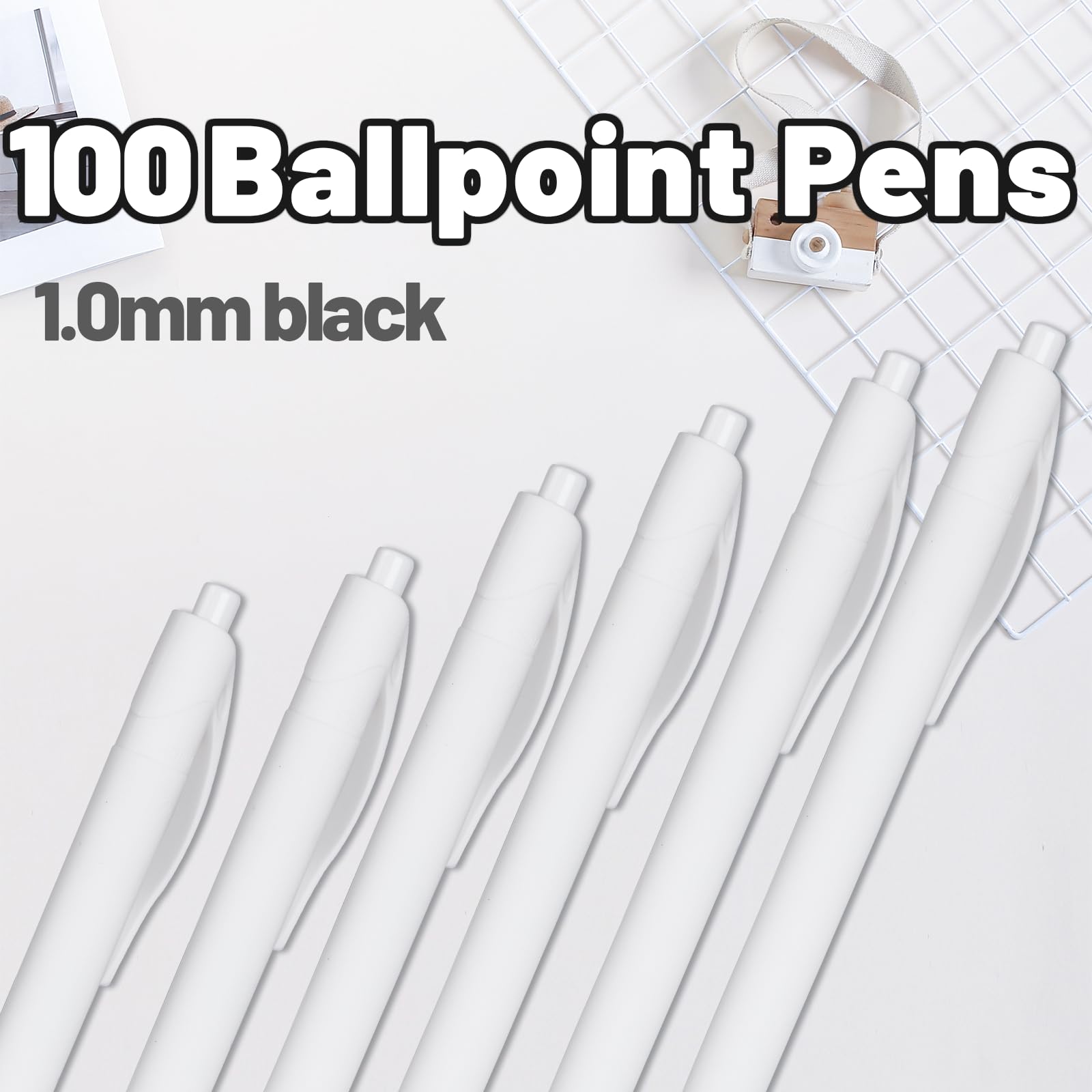 Bolígrafos, paquete de 100 bolígrafos (tinta negra), bolígrafos a granel, barril blanco, bolígrafos de clic para oficina, hogar y escuela, bolígrafos retráctiles, punta media, 1.00 mm
