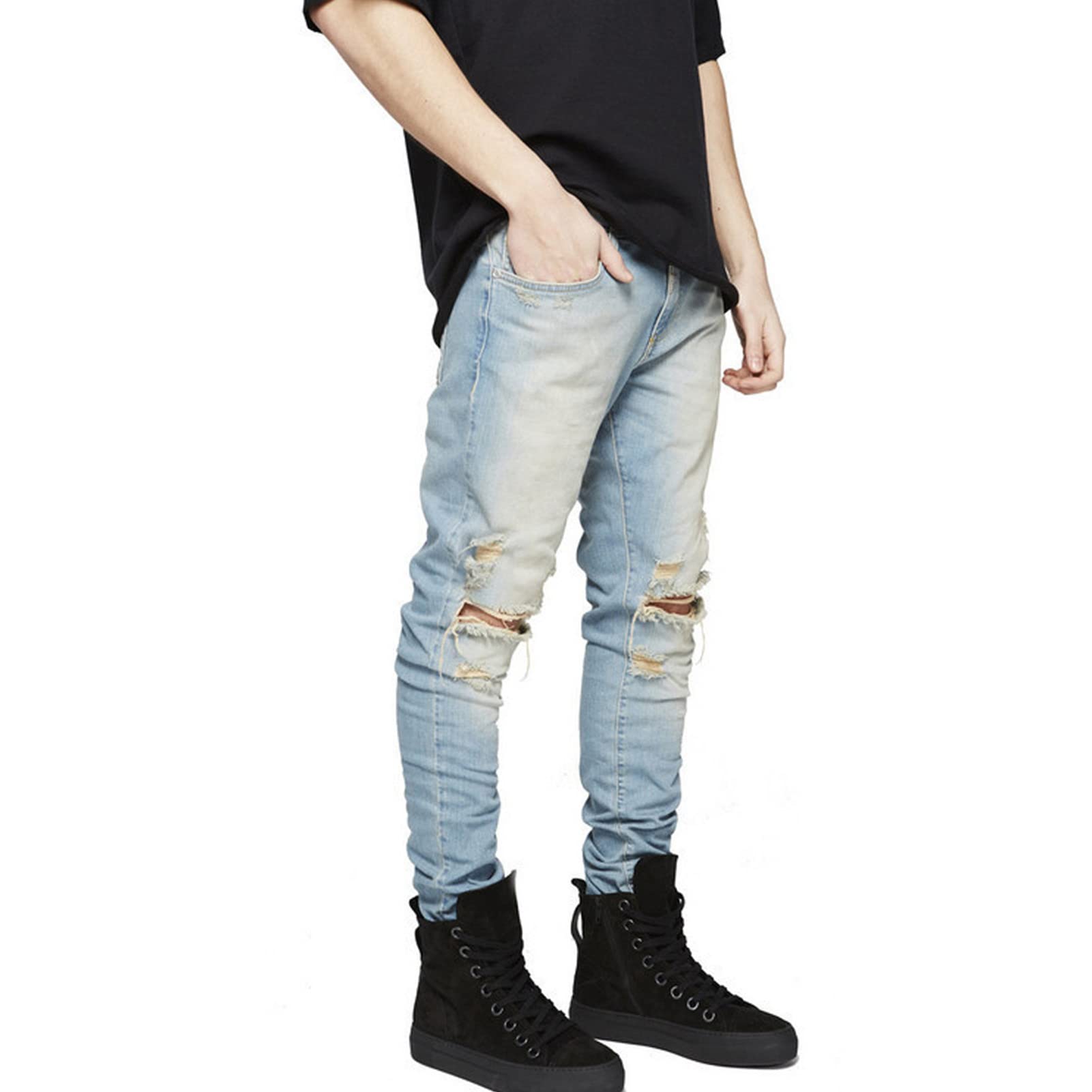 Maiyifu-GJ Men's Distressed Knee Holes Jeans Stretchy Destroyed Skinny Slim Fit Denim Pants Ripped Washed Tapered Leg Jean (Blue,40)