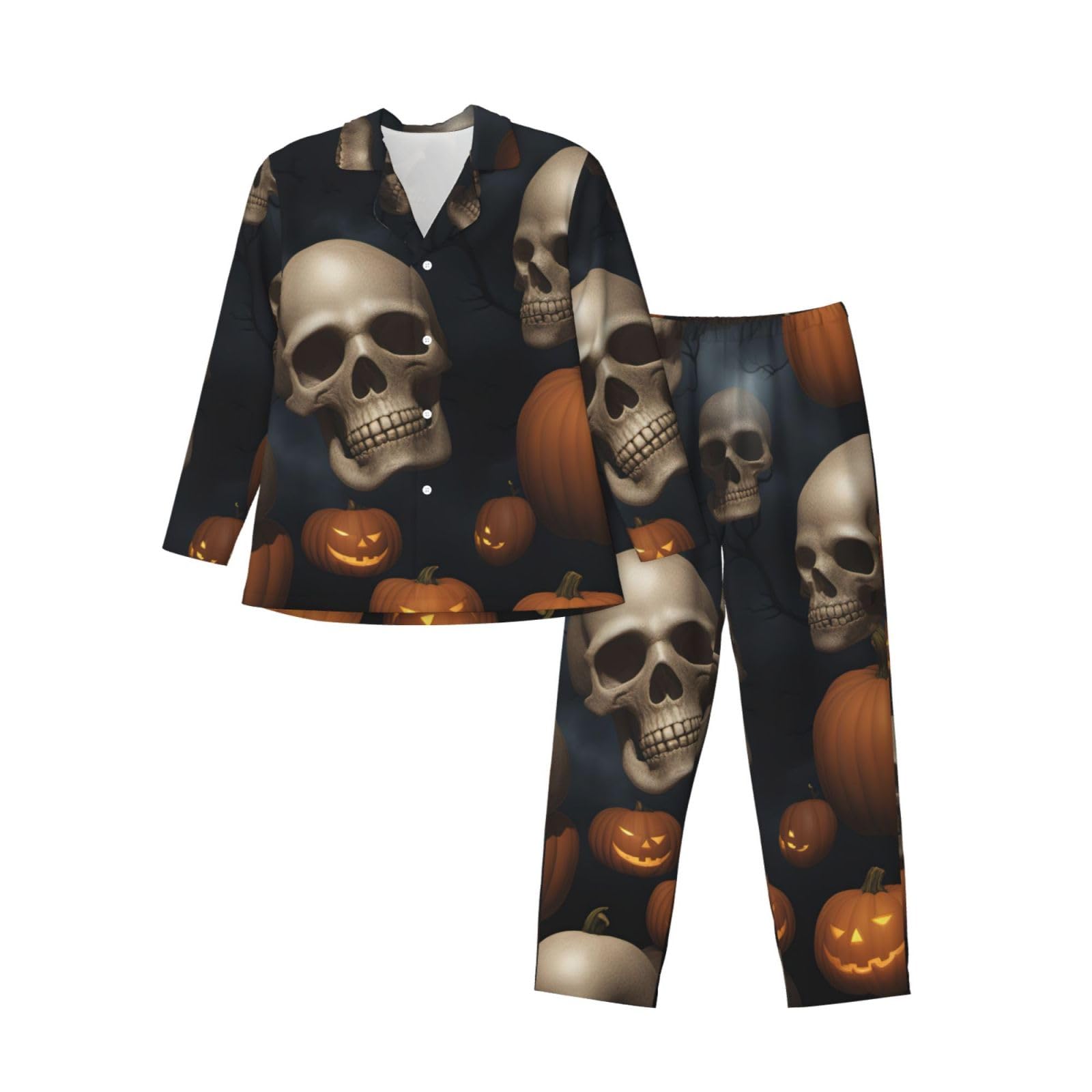Langärmeliges Pyjama-Set für Herren, Halloween, Totenkopf-Aufdruck, zweiteilig, Hauskleidung, bequeme Nachtwäsche