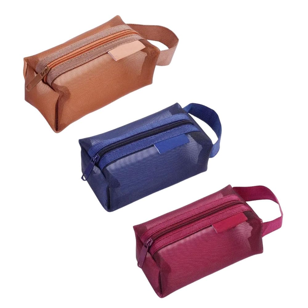 Finyoffiy 3pcs Portable Square Mesh Storage Bag,Zippered Cosmetic Bag,Small Square Mesh Coin Purse Travel Storage Carry Pouch(Red, Brown, Dark Blue)
