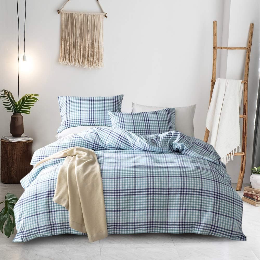 Merryfeel Linen Duvet Cover Set King,100% French Linen Flax Luxurious Bedding Set,3 Pieces (1 Duvet Cover with 2 Pillowshams) - Blue -Yarn Dyed Check