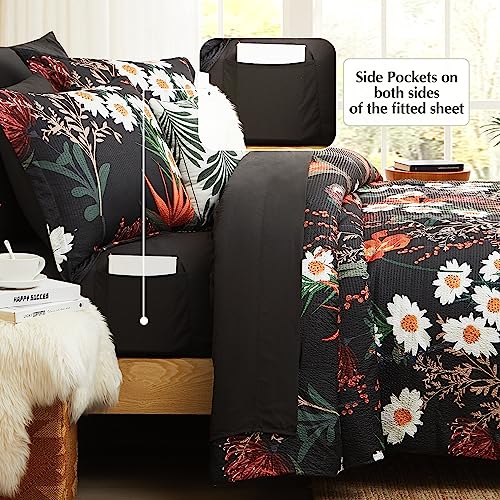 CASAAGUSTO King Size Comforter Set, 7 PCS Black Shore Floral Comforter Set with Flowers Leaves Pattern, Soft All Season King Bedding Set (102"X90")