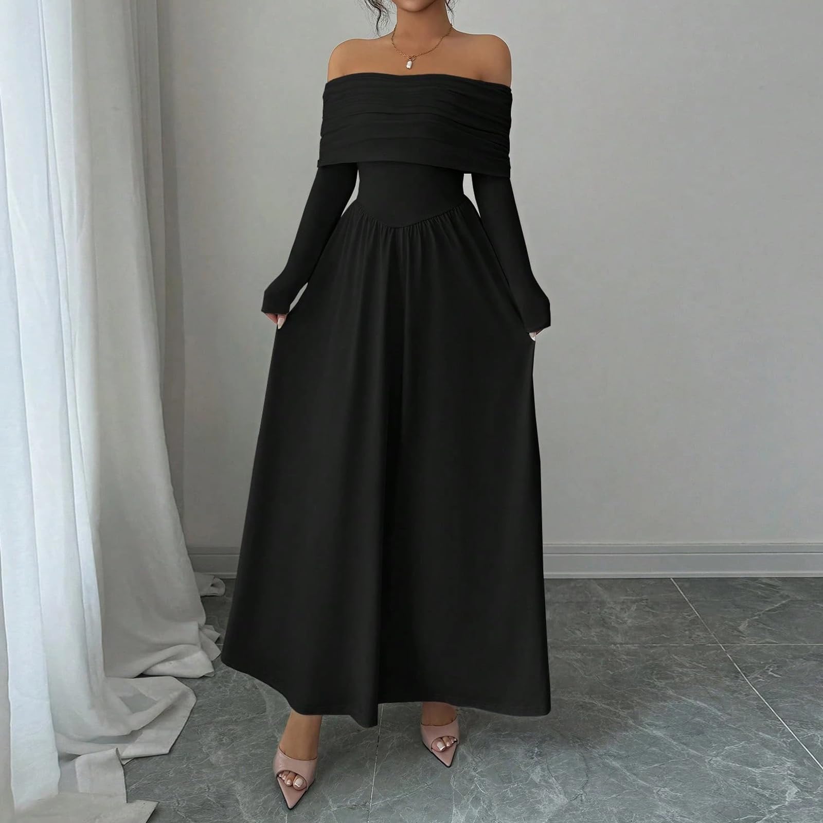 Kleid Damen Elegant Schulterfrei Langarm Festlich Abendkleid Damen Lang A Linie Hochzeit Frühlingskleid Maxi Kleider Hochzeitsgast Cocktailkleid Plissee Partykleid Tailliert Lange Ballkleider