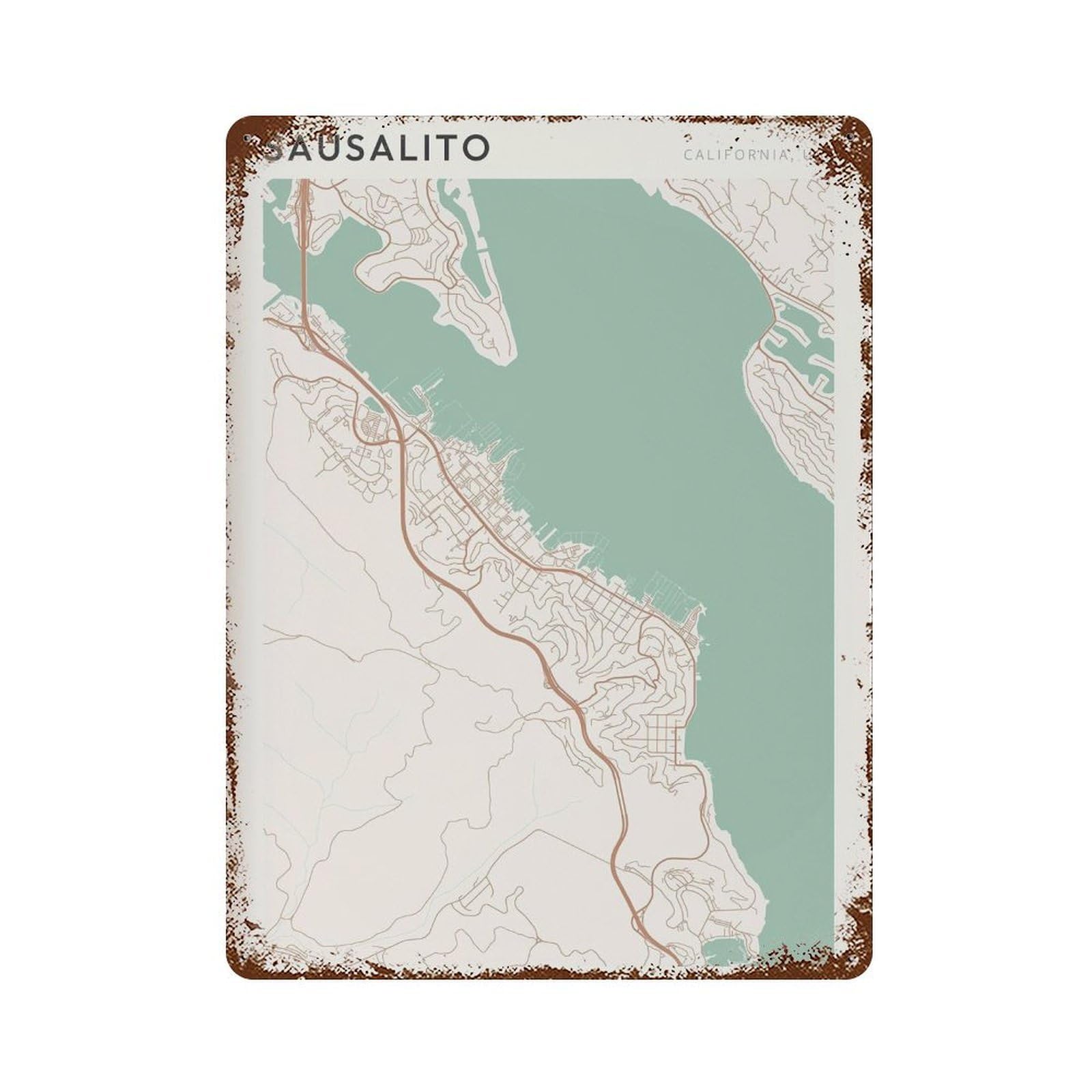 xiaoxiaoshen Sausalito Map California Travel Gift Minimalist Wall Decor Art Metal Tin Poster Modern Home Decor Art Home Bar Shop Decorations Vintage Sign 40x30cm