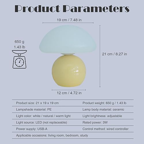 Miniatura 6 de Bonita lámpara de hongo pequeña, pantalla de polietileno, base esférica de cerámica, color de luz ajustable y brillo, alimentación USB segura, luz