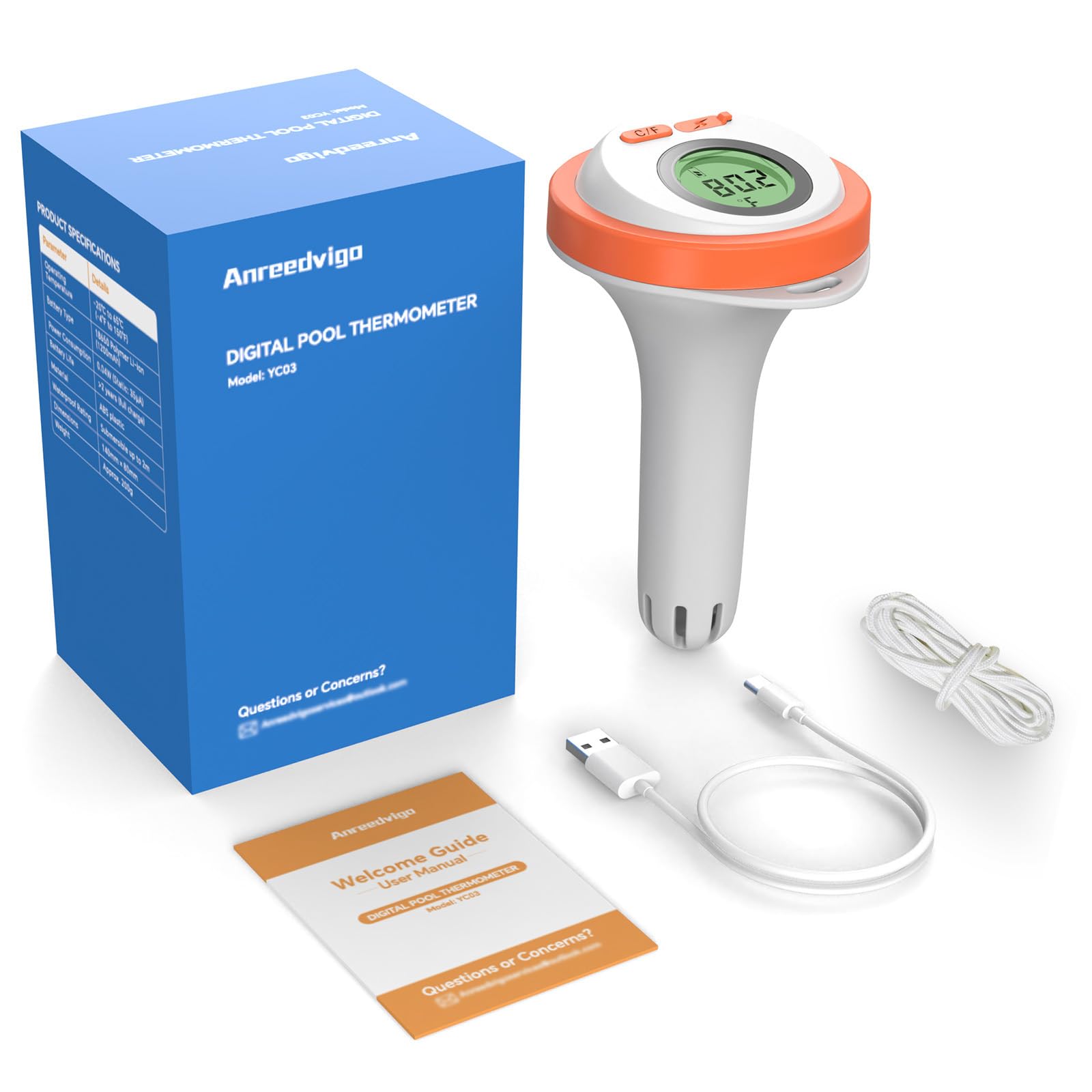 Anreedvigo Termometro galleggiante digitale ricaricabile per piscina/acquario/vasca da bagno/vasca idromassaggio/jacuzzi/acquario, schermo LCD, facile da leggere, livello impermeabile IPX-8