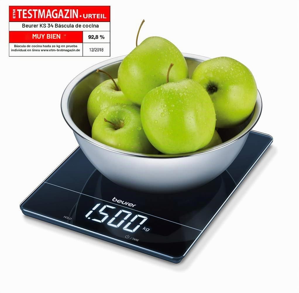 Beurer KS 34 Balanza de cocina, para pesar con precisión hasta 15 kg, con función de pesaje de tara y pantalla LED Magic, negra
