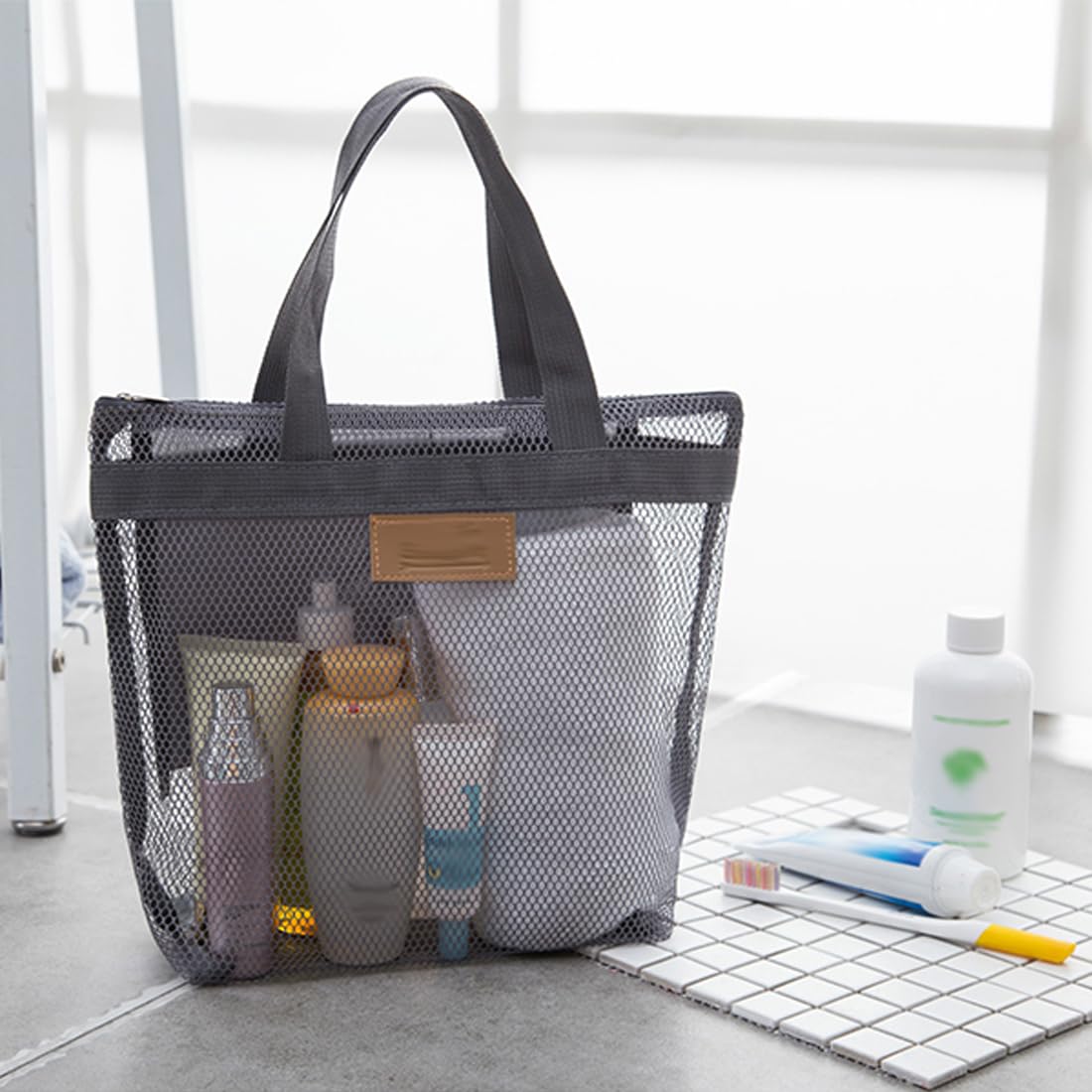 Borsa da Doccia Portatile a Rete, Borsa da Trasporto per Articoli da Toilette, Pochette da Viaggio Donna Grigia
